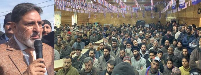 Apni Party president Altaf Bukhari addressing party convention at Charar-e-Sharief on Saturday.