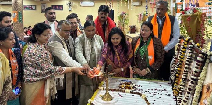 BJP leaders lighting the lamp during a Mahila Morcha progrrame at Jammu on Saturday.