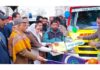 Dr Syed Darakhshan Andrabi inducting high-tech ambulances into services at Hazratbal Shrine in Srinagar on Wednesday.