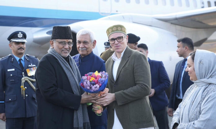 Vice President C P Radhakrishnan being received at Srinagar airport on Wednesday.