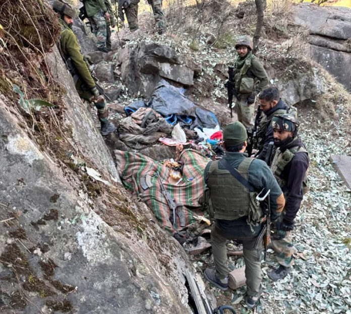 Security forces at the site of encounter in Basantgarh, Udhampur. -Excelsior/K Kumar