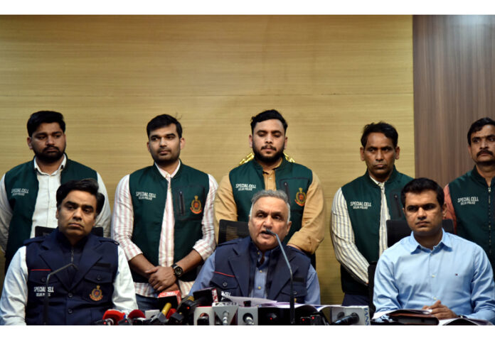 Additional CP Special Cell, Pramod Singh Kushwaha addresses a press conference on a terror module busted at PHQ, in New Delhi on Sunday. (UNI)