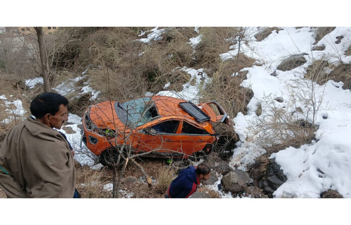 Car rolls down into a gorge in Mandi area of Poonch on Sunday. Car rolls down into a gorge in Mandi area of Poonch on Sunday.
