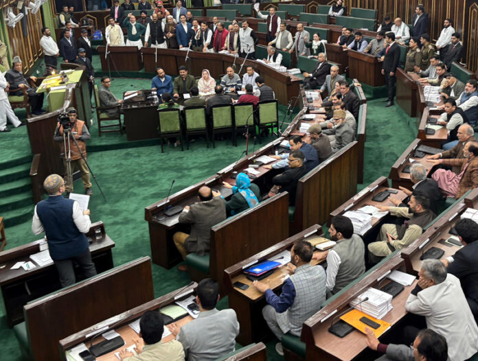 Chief Minister Omar Abdullah addressing the House as BJP legislators protesting in the front row of the Legislative Assembly. -Excelsior/Rakesh