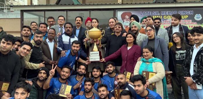 Winning team posing along with trophy and dignitaries. Winning team posing along with trophy and dignitaries.