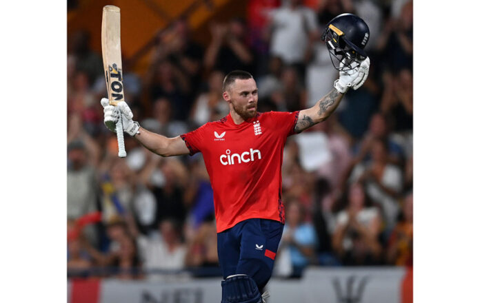 Phil Salt raising his bat after scoring 62 runs against Sri Lanka at Pallekele on Sunday.