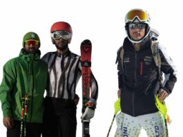Alpine skiers posing for a photogroup at KIWG Gulmarg.