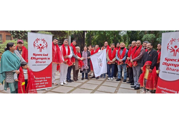 MLA Nagrota Devyani Rana flagging off J&K athletes for Special Olympics Bharat National Athletics Championship.