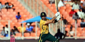 Aiden Markram playing a shot during his unbeaten 82-run innings against West Indies in Ahmedabad.
