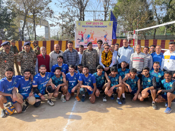 Dignitaries posing with winning team of volleyball tournament organized by 137 Bn CRPF in Udhampur.