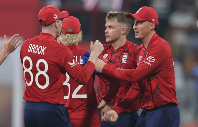 England players celebrating after defeating Nepal in T20 World Cup match at Mumbai on Sunday.