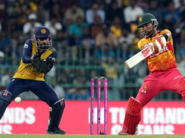 Zimbabwe's captain Sikandar Raza playing a shot during match against Sri Lanka in Colombo.
