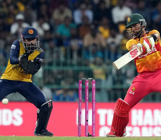 Zimbabwe's captain Sikandar Raza playing a shot during match against Sri Lanka in Colombo.