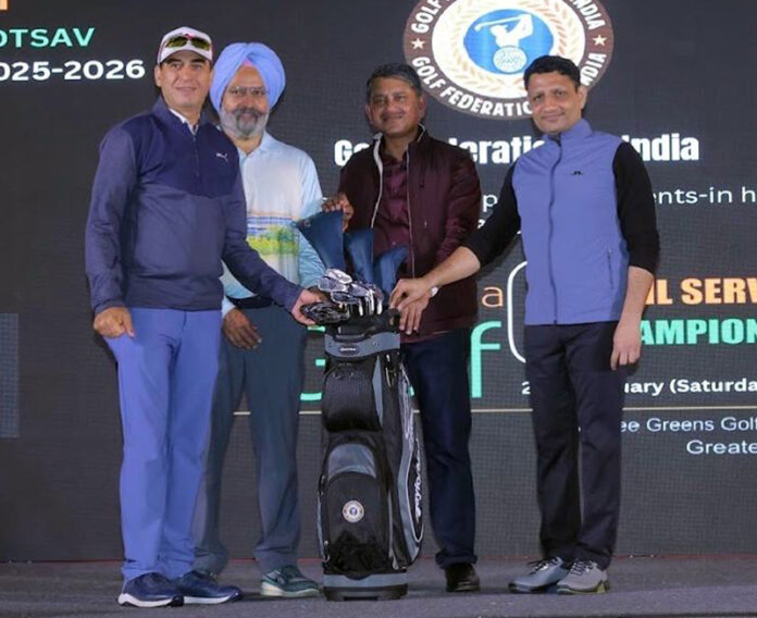 Commandant of IRP-7th Battalion, Pawan Parihar, receiving a golf set from members of the Golf Federation of India during a ceremonial presentation. Commandant of IRP-7th Battalion, Pawan Parihar, receiving a golf set from members of the Golf Federation of India during a ceremonial presentation.