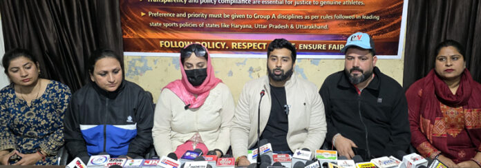 Left-out outstanding sportspersons addressing press conference in Jammu. -Excelsior/Rakesh