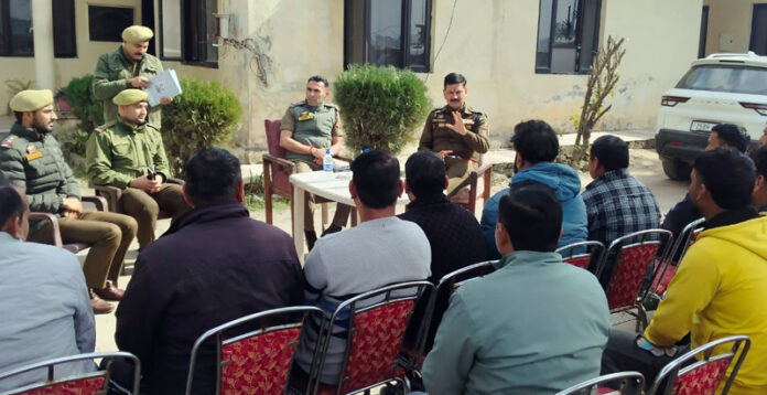 Excelsior Correspondent JAMMU, Feb 6: Ajay Sharma, Superintendent of Police (SP), Jammu South, today reviewed the security preparedness of Village Defence Guards (VDGs) during a meeting at Phallian Mandal. A press statement said the meeting focused on strengthening the security grid, improving coordination and enhancing vigilance in border and vulnerable areas along the International Border, which have witnessed drone and drug-dropping incidents in the past. It said the meeting stressed the vital role of VDGs as the first line of defence, with emphasis on area familiarisation, operational readiness and intelligence sharing. The SP Jammu South, along with SDPO South, SHO Satwari, ICPP Phallian Mandal and beat officers, interacted with paid and voluntary VDGs, heard their issues and assured timely redressal while appreciating their dedication and discipline. The VDGs were directed to remain alert to suspicious movements, drone activity and infiltration attempts and to immediately inform police and security agencies. To strengthen night domination, it was decided that VDGs will conduct patrols in small groups from sunset to sunrise, with each group including a police post member, and all details will be shared with the Army and BSF to avoid confusion. Weapons issued to VDGs were also checked for serviceability, and instructions were issued on safe handling and maintenance. The meeting concluded with a reaffirmation of Jammu Police's commitment to work closely with VDGs to maintain peace and security in South Jammu.