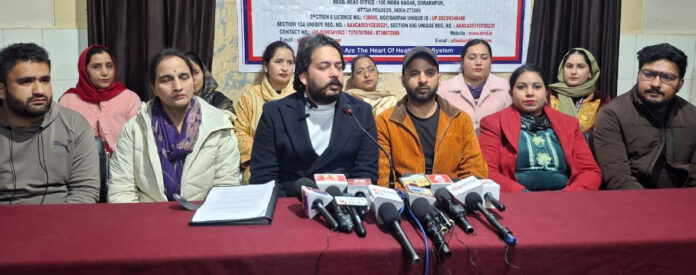 State president AIRNF and others addressing a press conference at Jammu on Saturday. -Excelsior/Rakesh