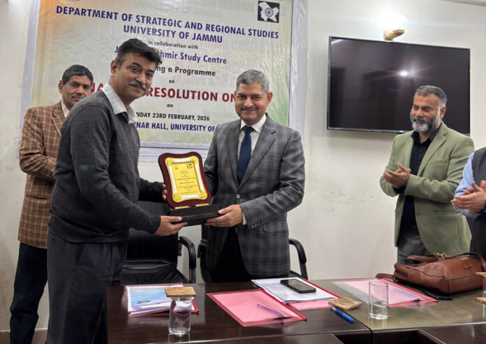 Dignitaries during a programme on ‘Parliament Resolution on PoJK’ in University of Jammu on Monday. Dignitaries during a programme on ‘Parliament Resolution on PoJK’ in University of Jammu on Monday.