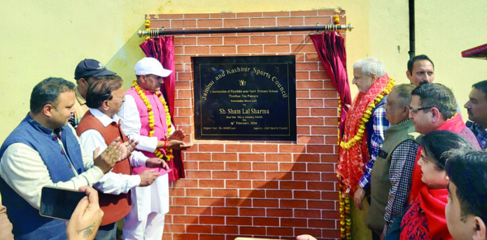 MLA Jammu North, Sham Lal Sharma and others during foundation stone laying ceremony of modern cricket playfield at Top Paloura, Jammu North.