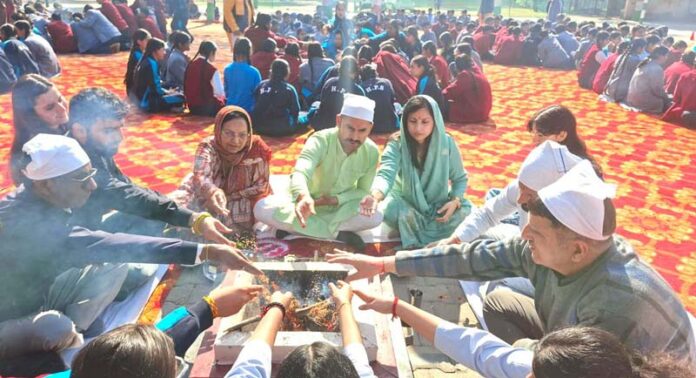 School management and Pandits from Shantikunj, Haridwar performing Hawan at Humanity Public School.