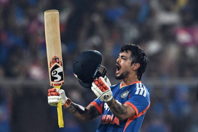 Ishan Kishan celebrating after scoring half-century in match against South Africa.