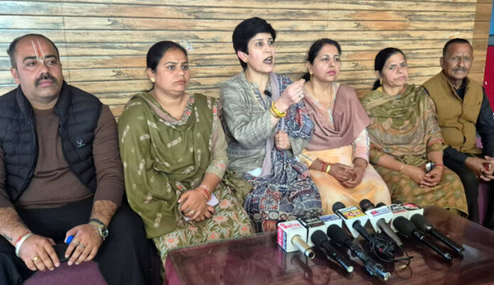 BJP spokesperson along with other party activists at a press conference at Bishnah on Tuesday.
