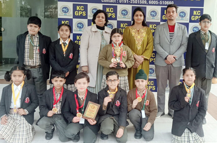 Students of KC Gurukul Public School displaying medals after winning at J&K Rope Skipping C’ship 2026.