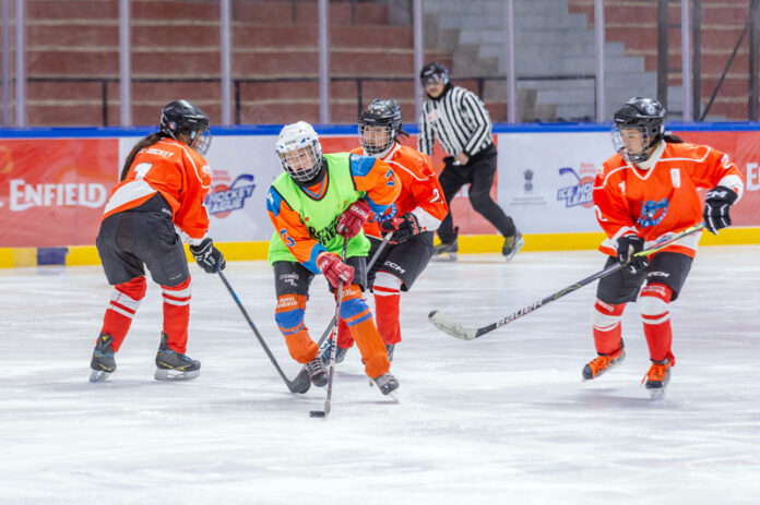 Players in action at Royal Enfield Ice Hockey League Season 3 in Leh.