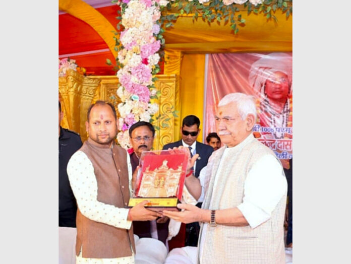 LG Manoj Sinha during Prana-Pratishtha ceremony at Lakshminarayan temple at Bankatashiv in Deoria, UP on Friday.