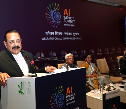 Union Minister Dr Jitendra Singh delivering keynote address at "AI Impact Summit 2026 India", at Bharat Mandapam, New Delhi on Friday.
