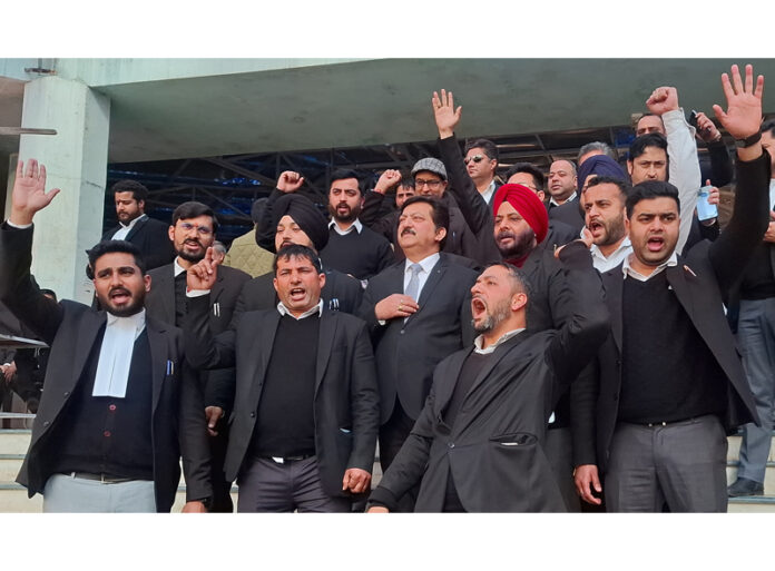 Lawyers protesting in Jammu on Tuesday. —Excelsior/Rakesh