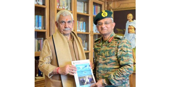 Lieutenant General Prashant Srivastava, GOC 15 Corps during meeting with Lieutenant Governor on Thursday.