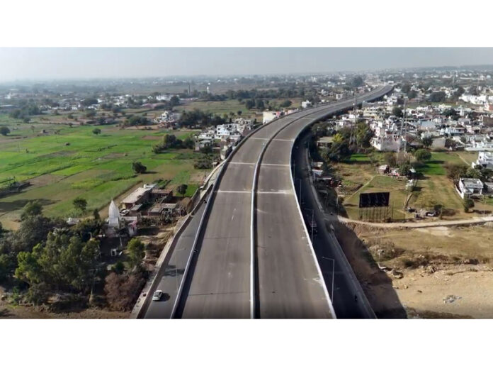 A drone view of the under-construction Delhi–Amritsar–Katra (DAK) Expressway in Jammu district.