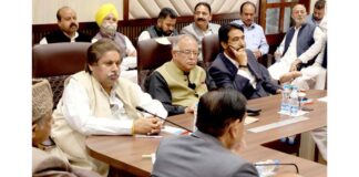 JKPCC President Tariq Hamid Karra chairing a meeting with party senior leaders in Jammu on Thursday.