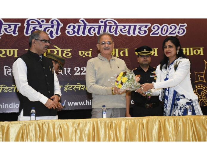 The organizers of International Hindi Foundation felicitating LG Kavinder Gupta on Sunday.