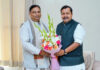 BJP JKUT, President and MP Rajya Sabha, Sat Sharma presenting a bouquet to party National President, Nitin Nabin at New Delhi on Thursday.