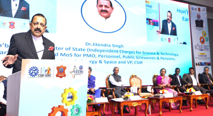 Union Minister Dr Jitendra Singh speaking after inaugurating Research-Industry-Startup-Entrepreneurship (RISE) Conclave 2026, at Chennai Trade Centre, Chennai on Saturday.