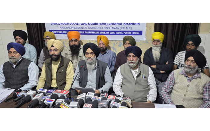 Sikh leaders addressing a joint press conference at Jammu on Tuesday. — Excelsior/Rakesh