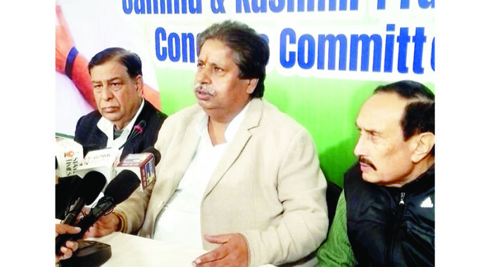 Senior Cong leaders addressing press conference in Jammu on Thursday. Senior Cong leaders addressing press conference in Jammu on Thursday.