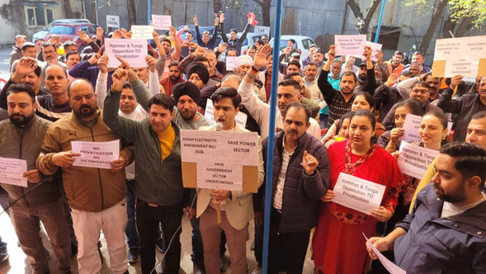 Power employees staging protest at Jammu on Thursday.
