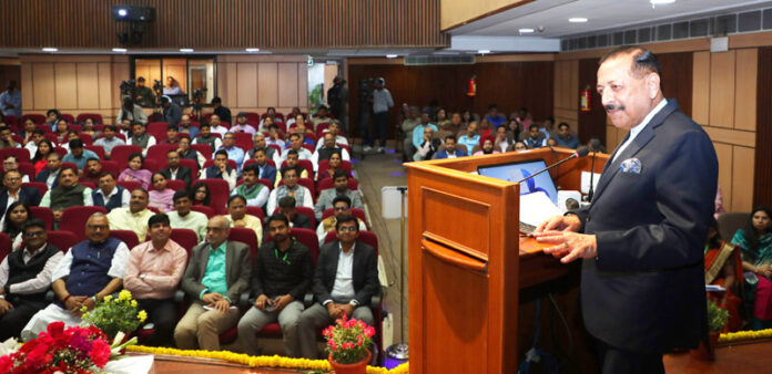Union Minister Dr. Jitendra Singh addressing the 'National Science Day 2026' at INSA Auditorium, ITO, New Delhi on Friday.