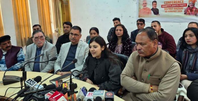 MLA Nagrota, Devyani Rana along with local leaders addressing a press conference at Rajouri on Sunday. MLA Nagrota, Devyani Rana along with local leaders addressing a press conference at Rajouri on Sunday.