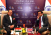Union Minister Dr Jitendra Singh holding bilateral talks with the UK Minister for AI and Online Safety, Kanishka Narayanan on the sidelines of Global AI Summit, at Bharat Mandapam, New Delhi on Friday.