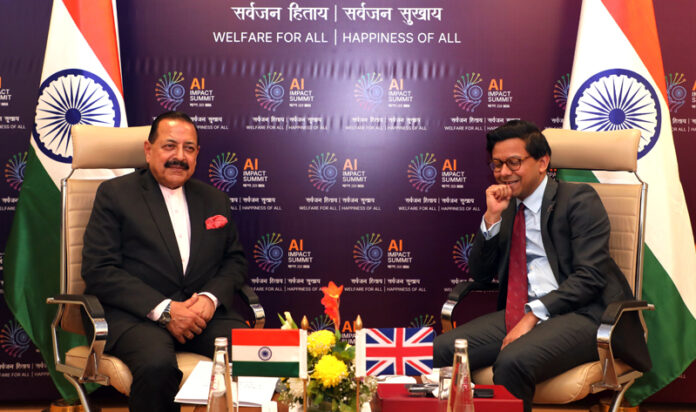 Union Minister Dr Jitendra Singh holding bilateral talks with the UK Minister for AI and Online Safety, Kanishka Narayanan on the sidelines of Global AI Summit, at Bharat Mandapam, New Delhi on Friday. Union Minister Dr Jitendra Singh holding bilateral talks with the UK Minister for AI and Online Safety, Kanishka Narayanan on the sidelines of Global AI Summit, at Bharat Mandapam, New Delhi on Friday.
