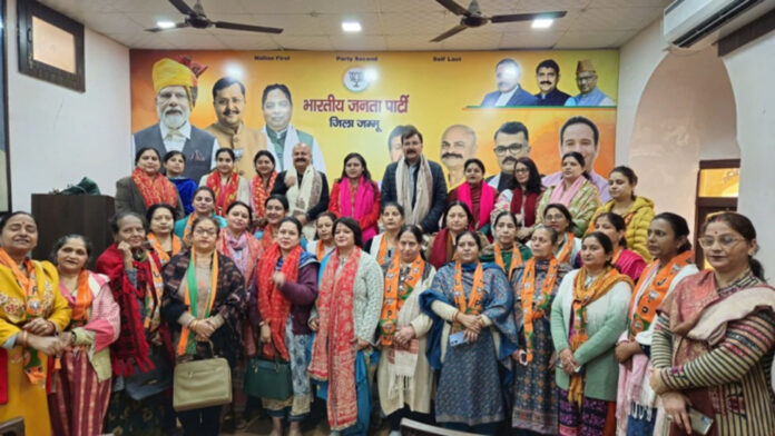 BJP leaders during a meeting organized by party Mahila Morcha at Jammu on Saturday.