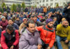 SMC employees during a protest in Srinagar on Monday. —Excelsior/Shakeel