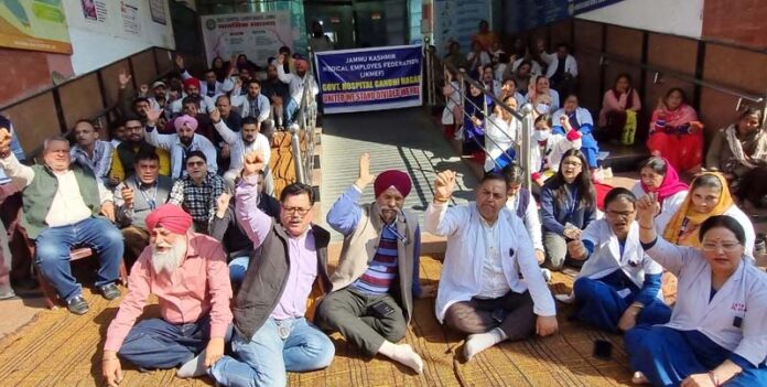 Health employees during a protest at Government Hospital, Gandhi Nagar, Jammu. -Excelsior/Rakesh