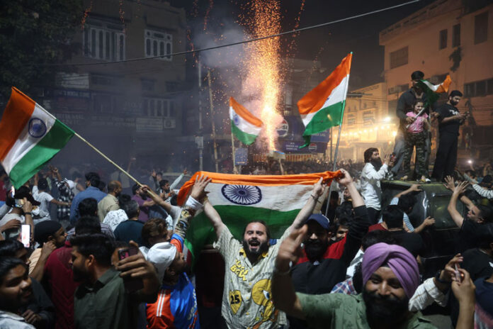 Jubilant fans celebrating India's T20 World Cup triumph in Jammu on Sunday. -Excelsior/Rakesh