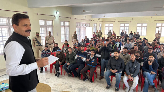 Balwant Singh Mankotia addressing a public gathering at Sudhmahadev area on Thursday.