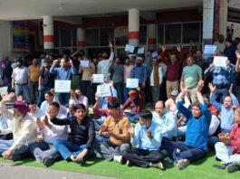 Non-gazetted employees staging protest at GMC Jammu on Tuesday as part of their two-day strike. - Excelsior/Rakesh